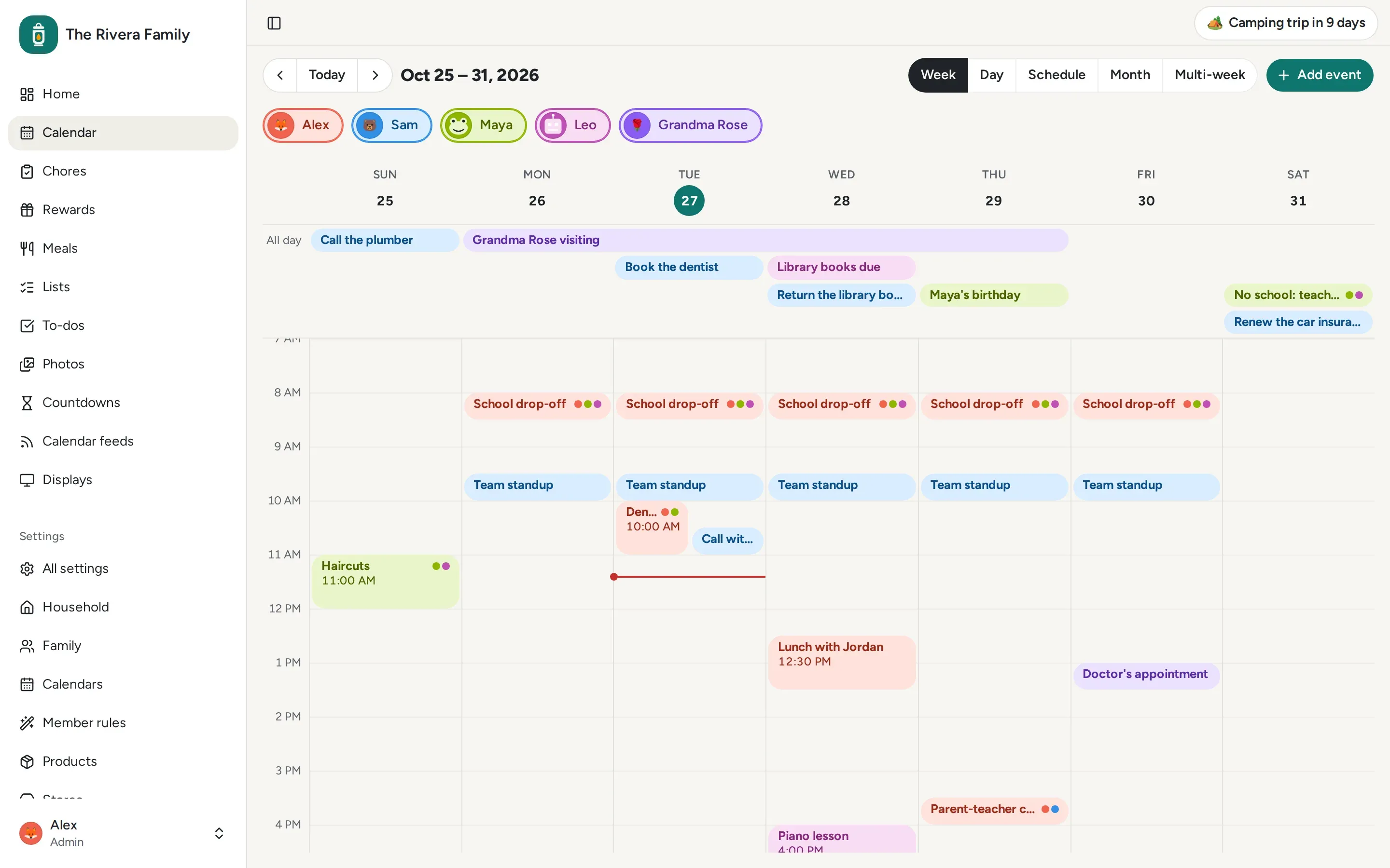 A week in the calendar, each person's events in their colour.